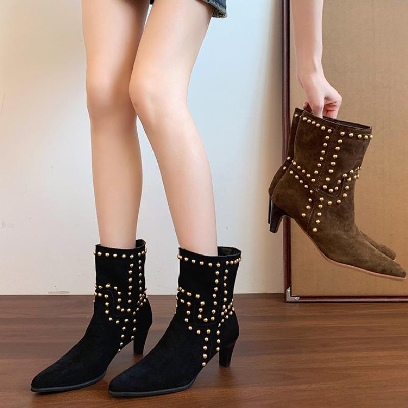 Autumn Winter Street Style Pointed Toe Women Ankle Boots Fashion Slip On Square Heels Shoes Female Modern Short Booties