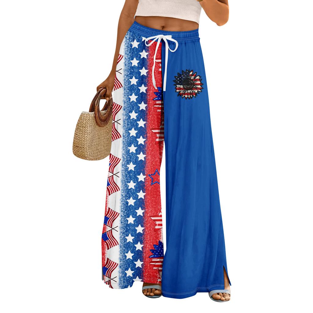 Women Summer Boho Palazzo Pants High Waist Wide Leg Independence Printing Casual Trousers With Pockets