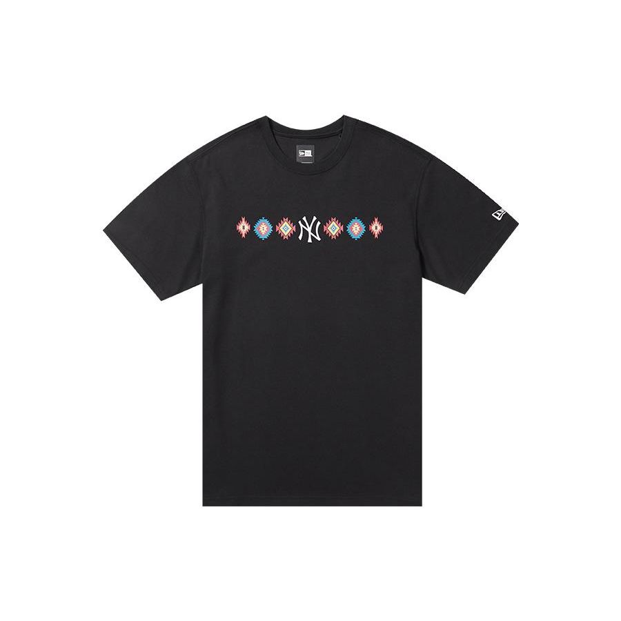 New Era Ethnic Totem Print Letter T-Shirt Unisex Tops Black 12870552