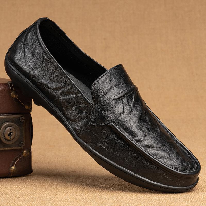 Men's Business Casual Top Layer Cowhide Men's Shoes Black Classic All-match Leather Shoes Men's One-step Soft Sole Driving Shoes