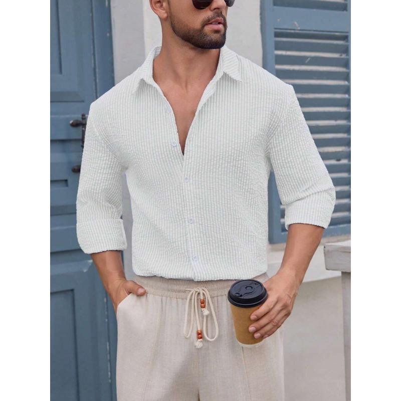 Men s Striped Seersucker Button Down Shirt Long Sleeve Casual Top S белый