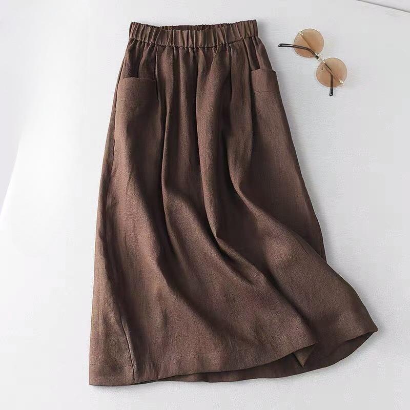 women s Elastic Waist Cotton Linen A Line Skirt Summer Casual Pocket Midi Skirt Vintage Half Skirt M хаки