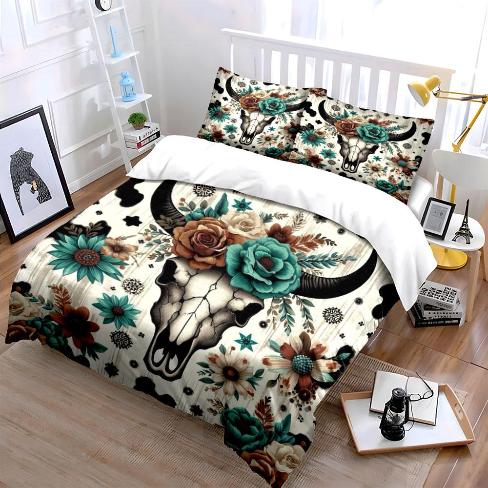 Floral Skull Western Bedding Set Bedding Duvet Cover Set Duvet Cover Pillowcases (1 * Duvet Cover 2 * Pillowcases, Without Duvet Insert)