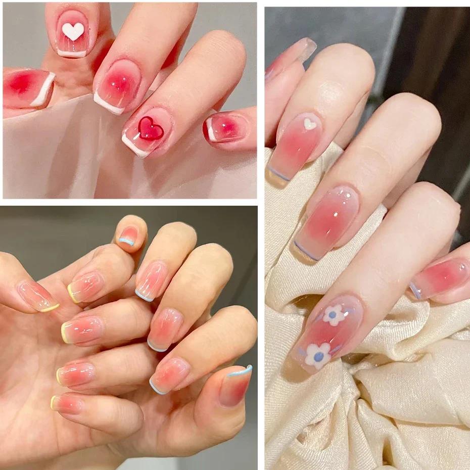 Gradient Nail Sticker 3D Jelly Red Powder Blusher Slider Round Halo Dye Cute Ombre Nail Design Translucent Gel Polish Wraps Deca