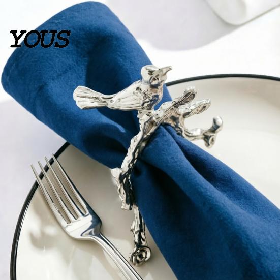 Hollow Design Napkin Ring Ring, Vintage Branch & Bird with Gold Finish, Open-End Holder for Chinese Wedding Table Decor Cloth Linen Dinner