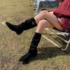 Autumn and winter new temperament versatile flat boots fashionable round head metal buckle sleeve solid color high boots