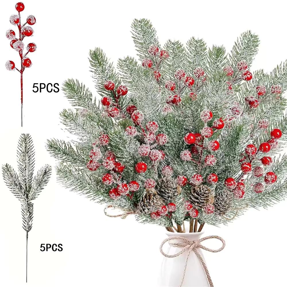 5/10Pcs Artificial Pine Needle Branches Fake Red Berry Christmas Decoration for Xmas Wreath Ornament Home Decor 2026 Navida Gift
