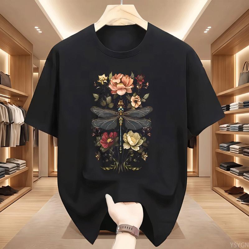 Vintage Summer Dragonfly TShirt Unisex Boho Floral Cottagecore Botanical Print T Shirts Casual Round Neck Cotton Short Sleeve Tops