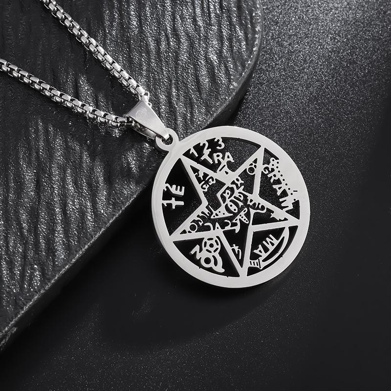 Jewish Four-Letter Hebrew Witchcraft Five-Pointed Star Stainless Steel Pendant Necklace Religious Amulet Jewelry for Men