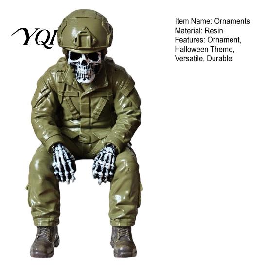 Horror Home Ornaments Halloween Skeleton Ornament, Policeman/Military Resin Gothic Skull Figurine, Dark Style Sitting Pose Sculpture for Bookshelf