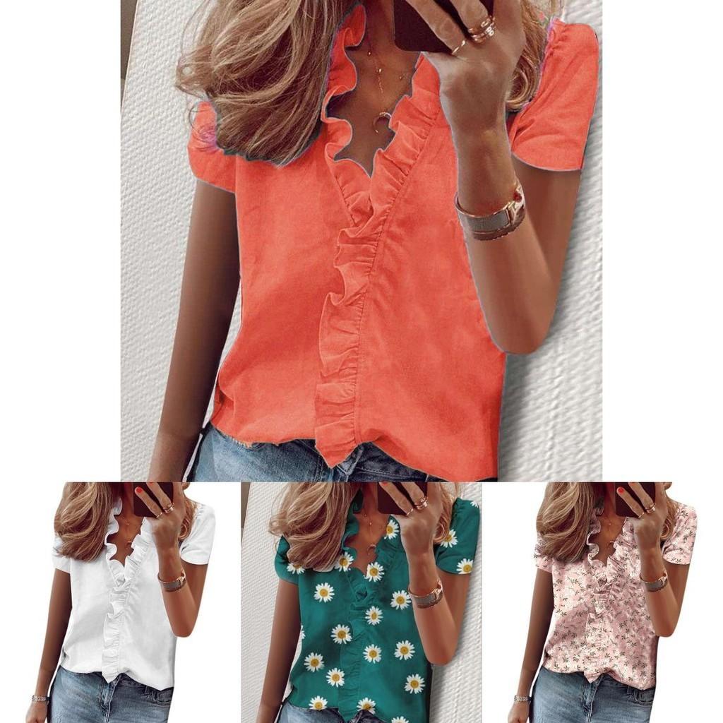 Stylish Women's V Neck Ruffle Short Sleeve T Shirt With Fashionable Daisy Print