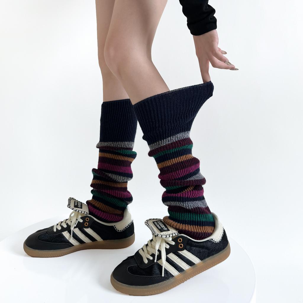 Autumn/Winter Retro Leg Warmers JK Striped Knitted Blocked Leg Cover College Style Wool Warm Foot Cover Stacking Color Socks New