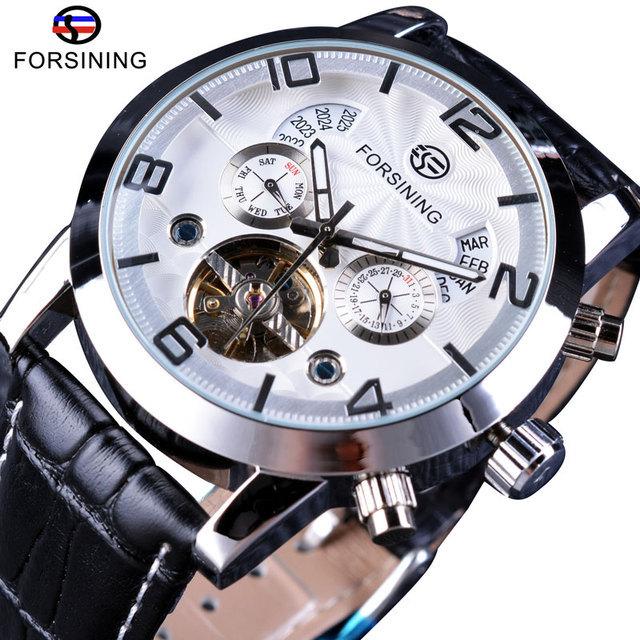 Fashion Forsining Top Brand Men's Automatic Mechanical Tourbillon Watches With Year Month Calendar Display Genuine Leather Strap
