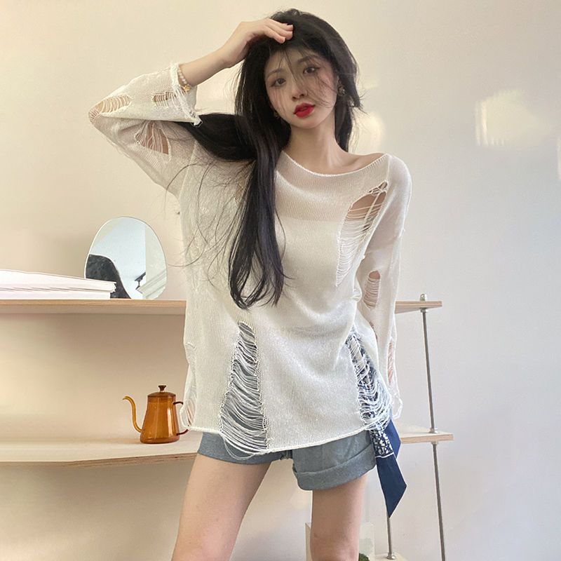 

Летний круглый вырез тонкий перспективный стиль чистого желания выдолбленный свободный ленивый стиль вязаный пикантный женский солнцезащитный чехол рубашка топ XL белый