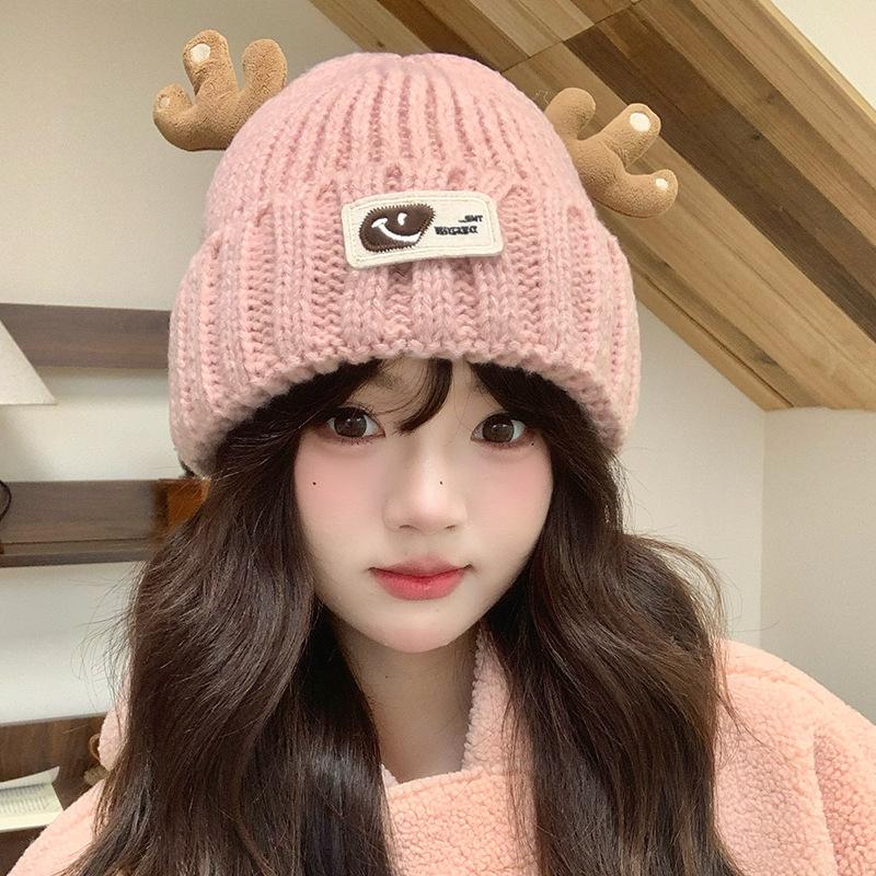 Women's Winter Knitted Hat with Cute Cartoon Christmas Reindeer Antlers, Ear Protection, Fleece Lining, Thickened for Cold Protection