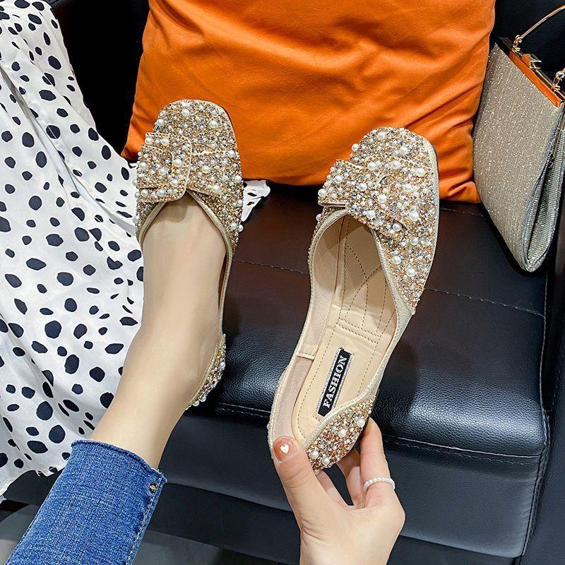 Pearl rhinestone women's shoes single shoes flat shoes shallow mouth single shoes women's 2025 new