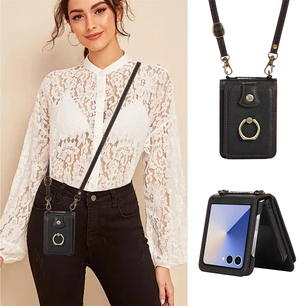 Crossbody Leather Finger Ring Holder Cards Solt Wallet Phone Case for Samsung Galaxy Z Flip 7 6 5 4 3 Flip7 FE Protective Cover