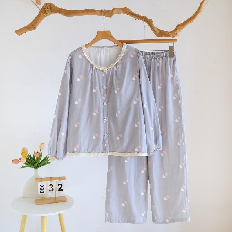 2026 New Women's Spring/Summer Pajama Set 100% Cotton Round Neck with Chest Cushion Sweet Loose Thin Long Sleeve Home Clothes