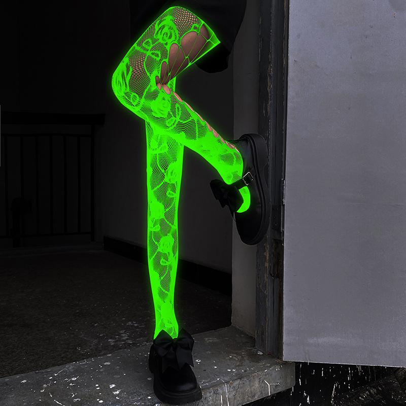 Leuchtende Fischernetzkniestrümpfe Netz Hohl Leuchtende Basis Socken Glänzende Strumpfhosen Strümpfe Damen Sexy Druck Nachtleuchtende Strümpfe