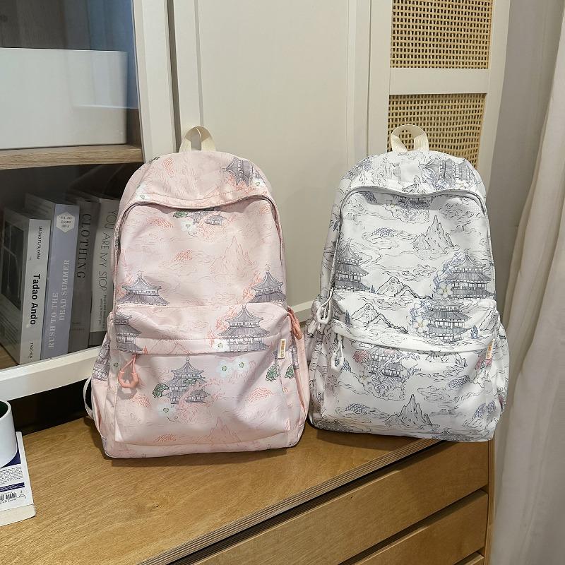 Zaino in Nylon Stampato Paesaggio Stile Cinese con Grande Capacità e Tasche Multiple Adatto per l'Uso Quotidiano e Studentesco Come Zaino Studentesco