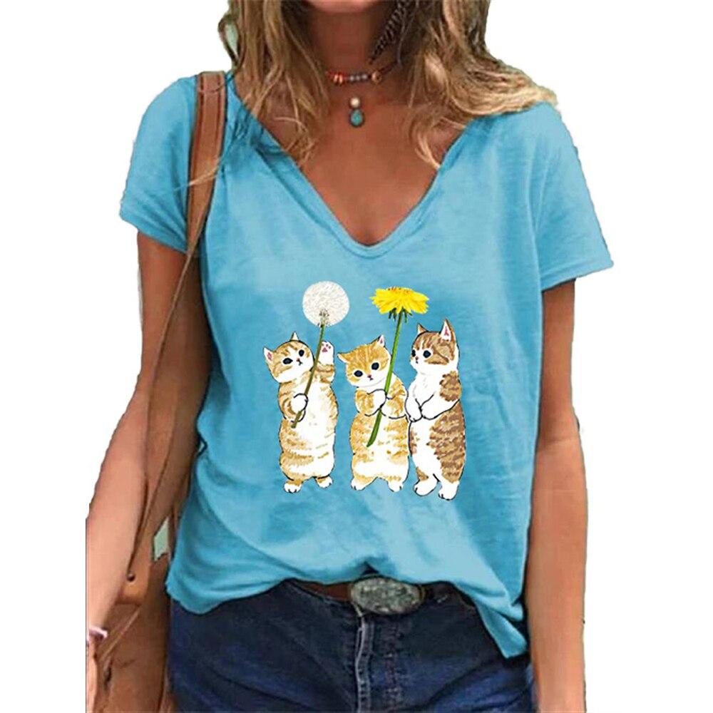 Fashion Spring Cat Print Blouses Short Sleeved V-Neck T Shirts Casual
