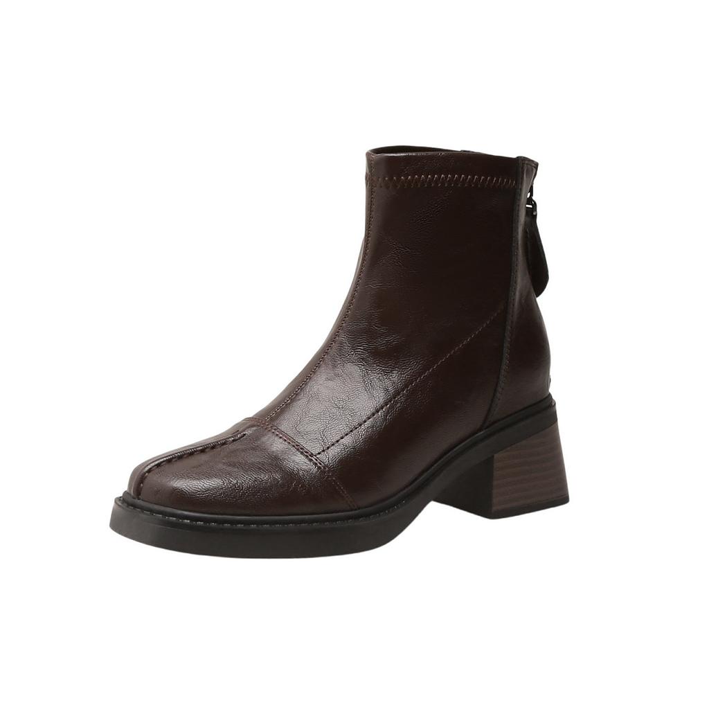 Skinny Boots Rear Zipper Short Boots Women's Retro Heightening Pleated High Heels Texture Commuter British Martin Boots