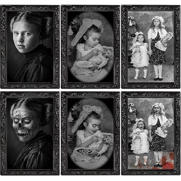 Halloween Decorations Indoor Scary Wall Decor, 6Pack 3D Changing Face Moving Picture Frames Portrait, Gothic Horror Poster Castle Haunted House Style A (3 Pack)