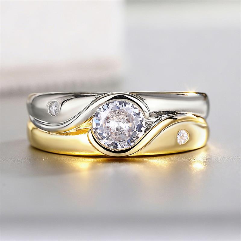 Huitan Women Two Tone Ring Inlaid Bright Round Cubic Zirconia Vintage Accessories Party Daily Simple Style Lady Trendy Jewelry
