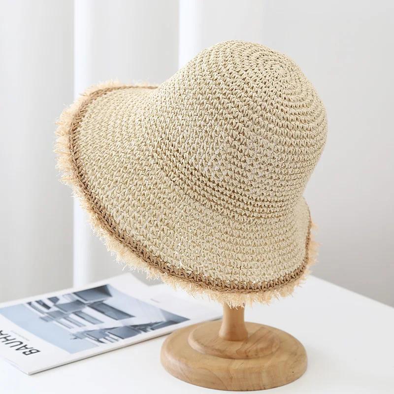 

Frayed Edge Straw Sun Hat Women, Wide Brim Flat Top Bucket Hat for Beach Vacation, Summer Boho Beach Hat 54-58cm бежевий