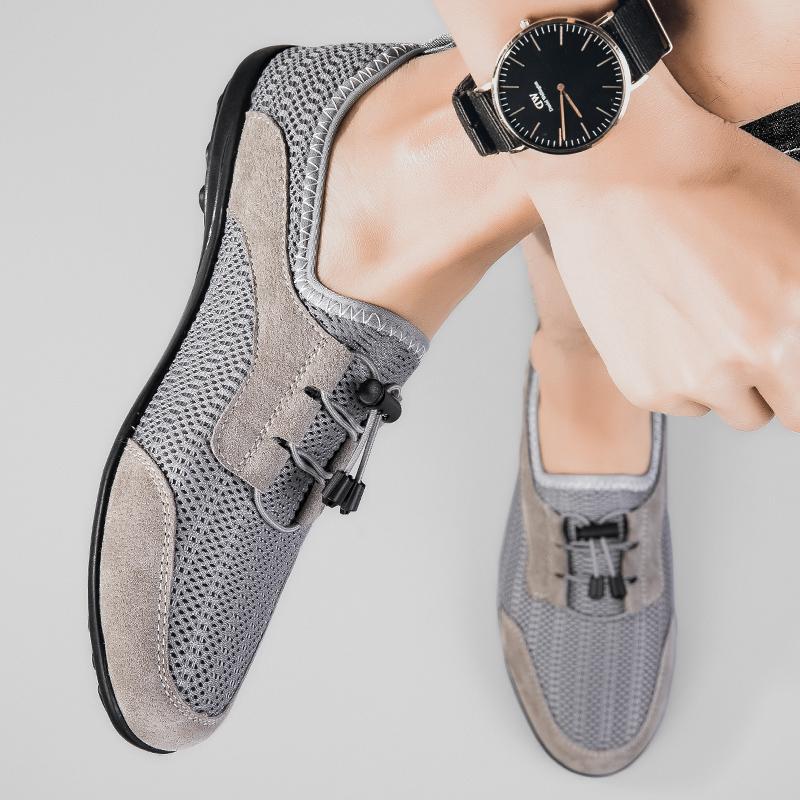 Summer Men Comfort Flats Shoes Quality Patchwork Mesh Leather Shoes Leisure Man Outdoor Lightweight Breathable Cool Casual Shoes