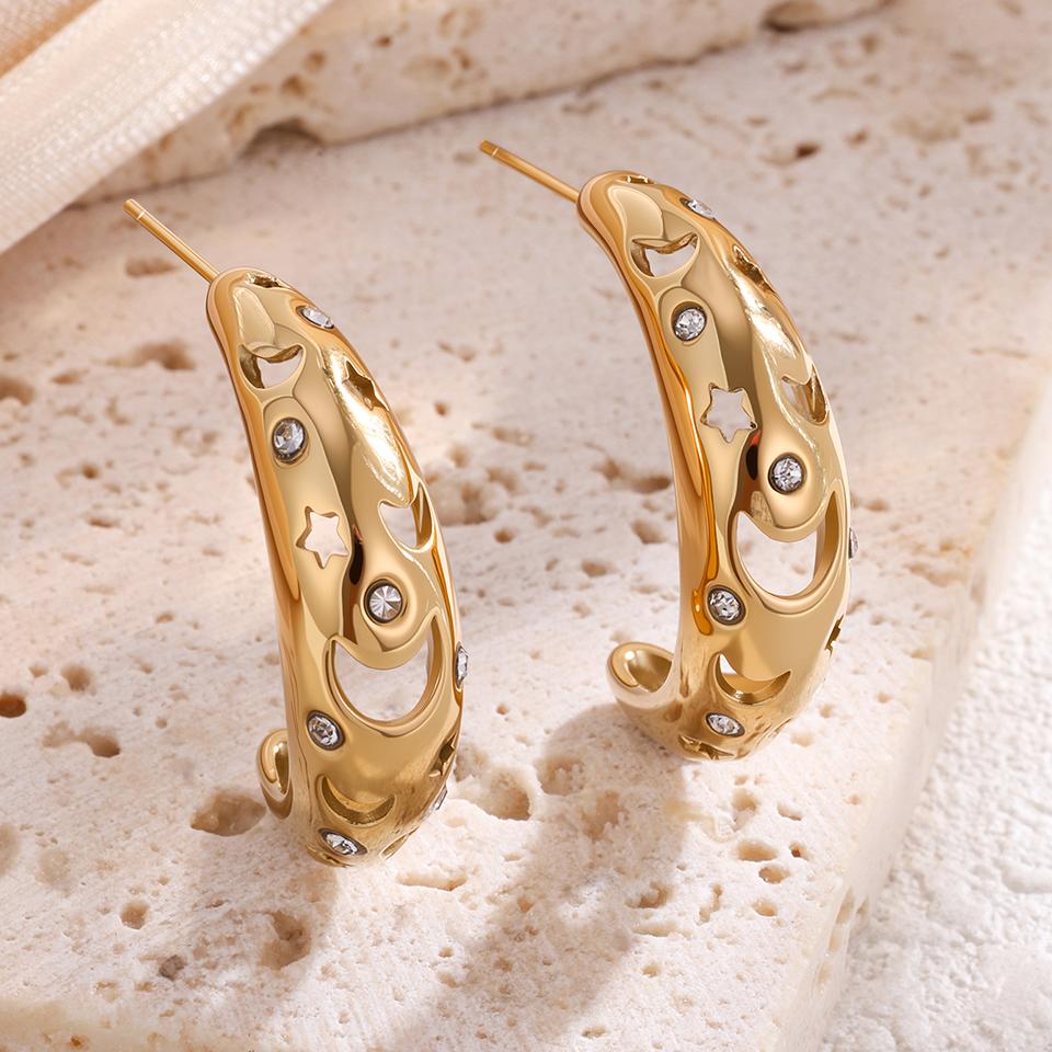 

ZAKOL New Stainless Steel Hollow Star Moon Bracelet&Ring&Earrings Set for Women 18K Gold Plated Non-fading Zircon Gift