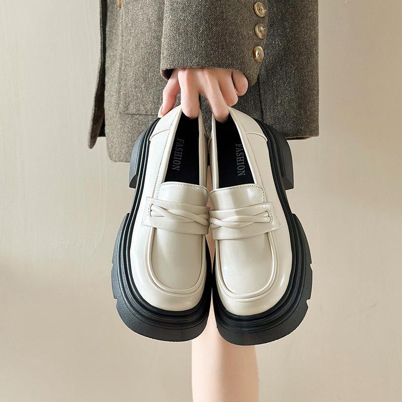 Black Big Head Thick Sole Small Leather Shoes Women's New Autumn One Pedal Thick Heel Increase