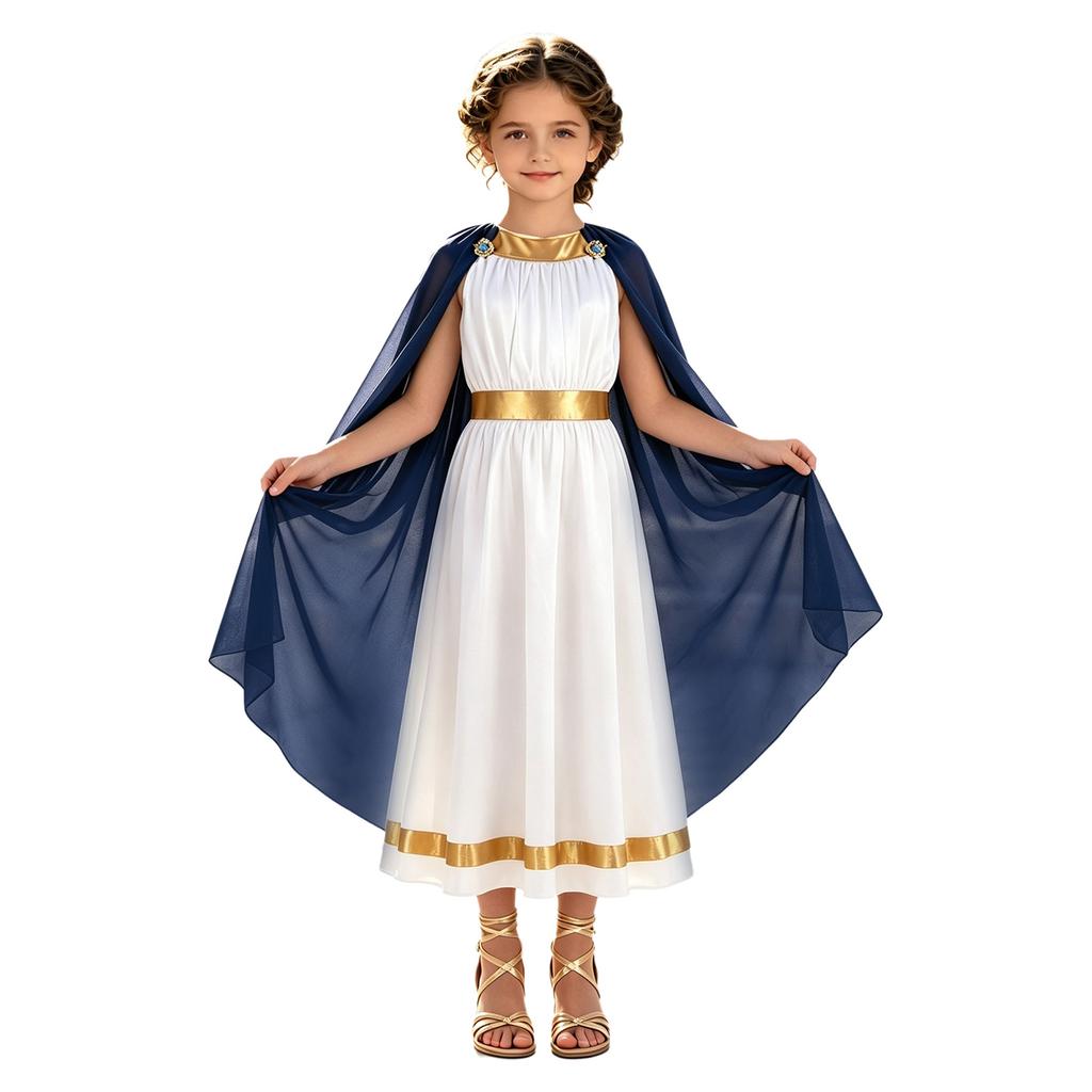 Disfraz Griego Romano para Niñas de Halloween Túnica con Chal Lateral de Contraste Cremallera Trasera Sin Mangas Vestido con Ribete Metálico para Cosplay