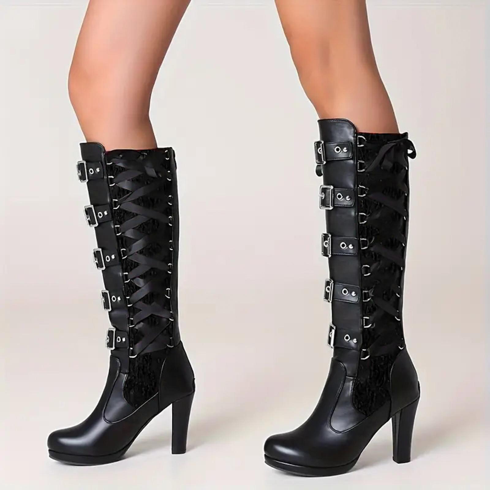 

Женские ботфорты Женские зимние винтажные сапоги до колена Сапоги на массивном высоком каблуке Шнуровка Хэллоуин Zapatos De Mujer 37 чёрный