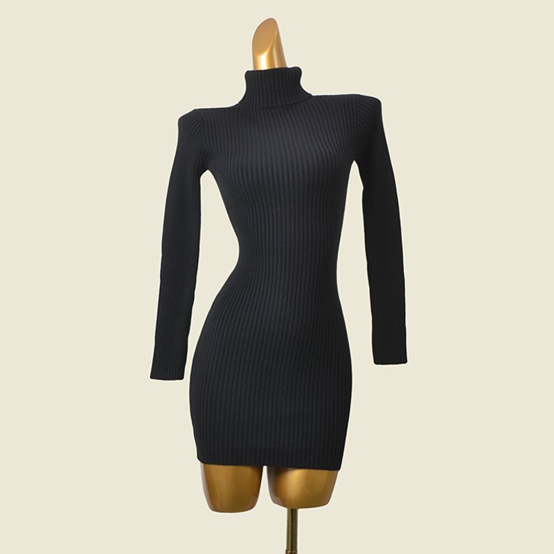 

Medium Thick Double-Strand Core-Spun Yarn Turtleneck Minimalist Black Hip-Wrapped Skirt Fashion Wind Sexy Knitting Thermal Base Dress Black S