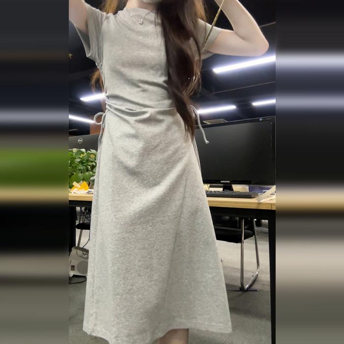 New French grey dress summer women s clothing small casual temperament waist dress S серый