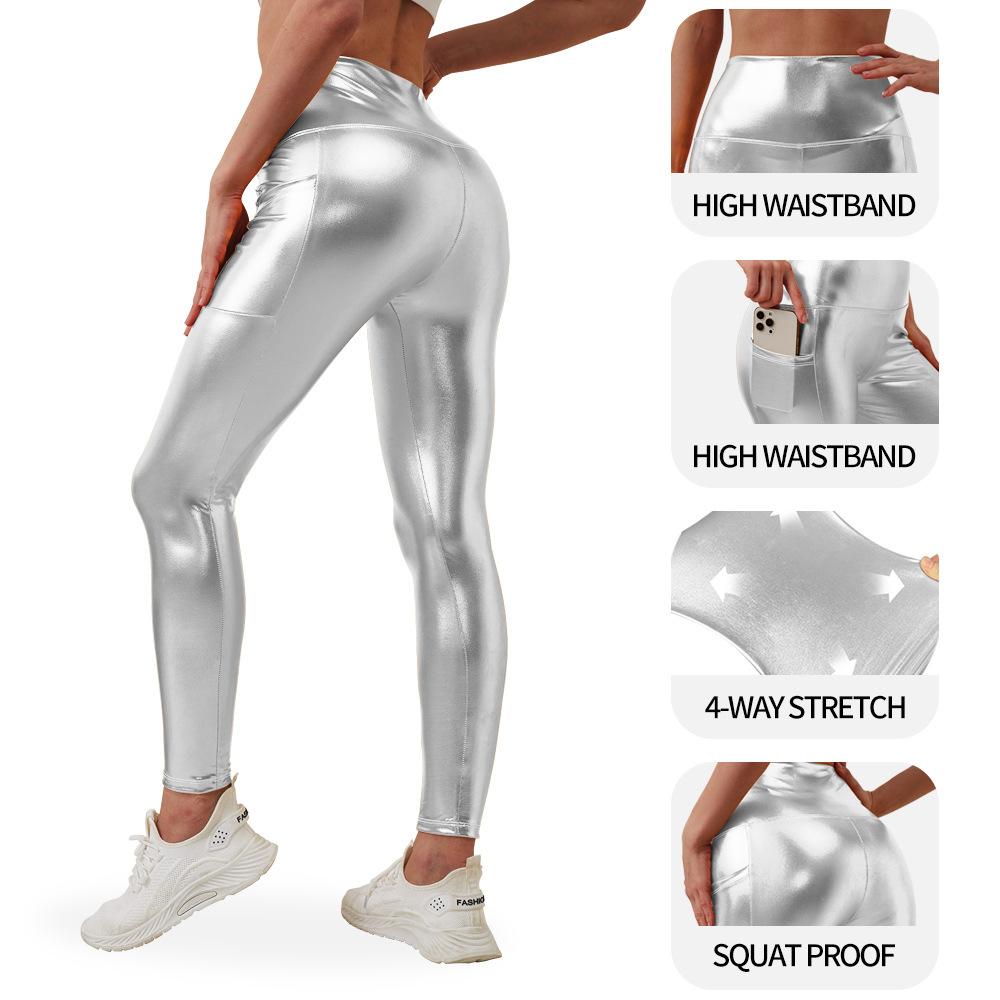 

Леггинсы с карманами и золотым тиснением, сексуальные леггинсы из искусственной кожи с металлизированной текстурой, эластичные, для верхней одежды XXL