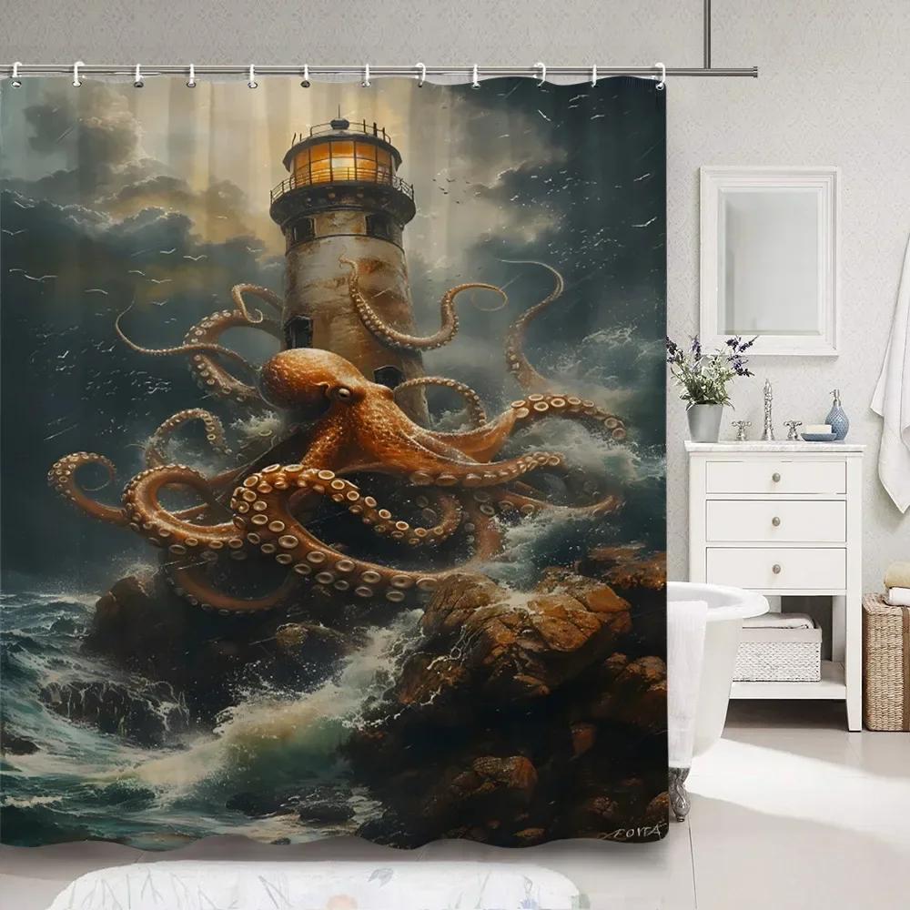Horror Sea Monster Octopus Shower Curtain Dark Sailboat Ocean Vintage Pirate Ship Wave Polyester Shower Curtains Bathroom Decor