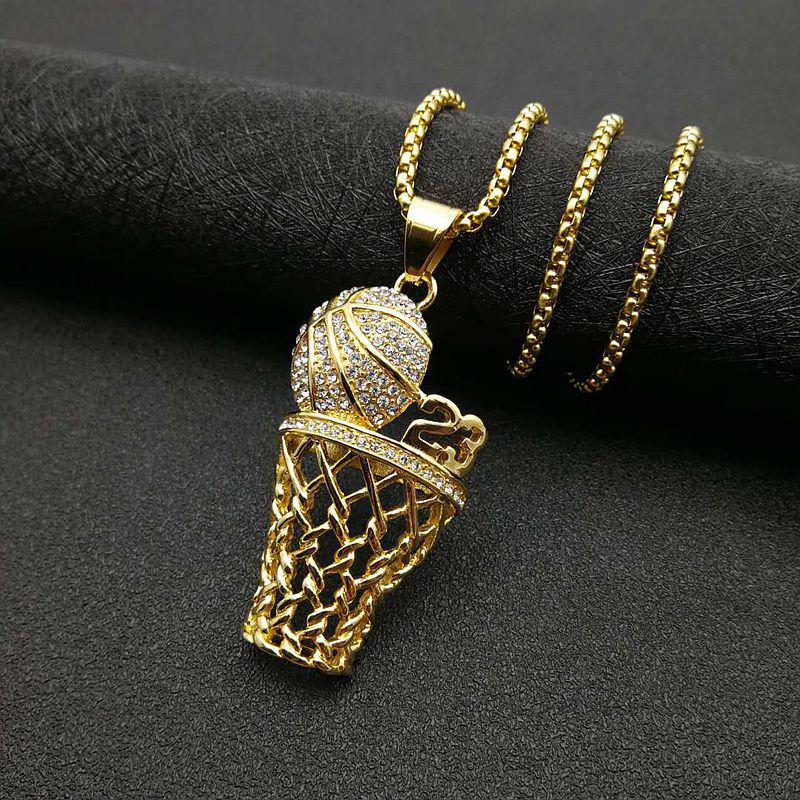 Gold Rhinestone Basketball Hoop Pendant Necklace, Hip Hop Style, Color-Preserving Titanium Steel