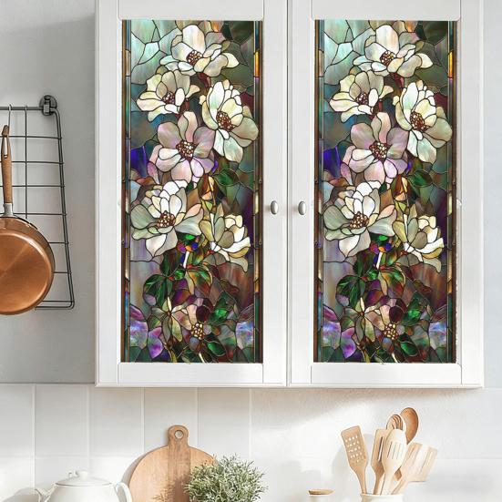 Yousheng Window Privacy Film Stained Glass Floral Static Window Cling Decorative UV Blocking Heat Control Glass Sticker for Glass Doors