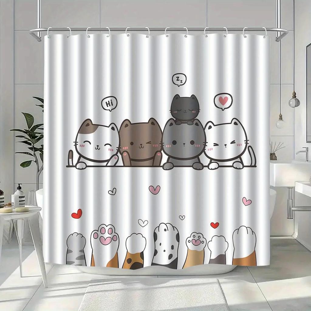 Cute Cartoon Cats Family Shower Curtain Bathroom Decor Funny Pet Shower Curtain for Kids Bathroom Novelty Shower Curtain