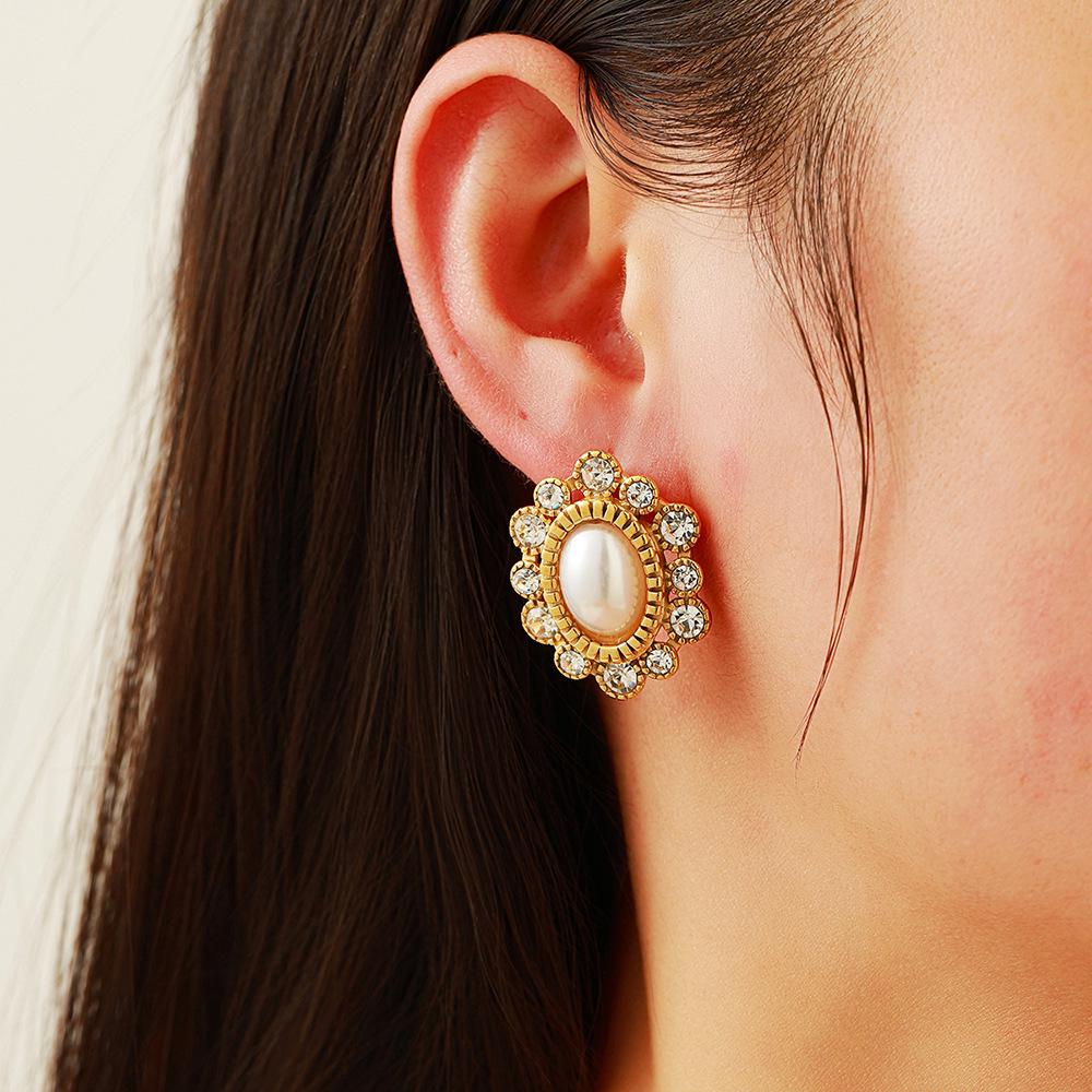 Ying Tai High Polish 18K Gold Stainless Steel Earrings with Faux Pearl and Zircon Studs