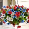 Artificial Hanging Flower with Basket for Outdoors, 4th of July Patriotic Faux Violet Flowers, UV Resistant Fake Plants for Outside Porch, Yard, Patio