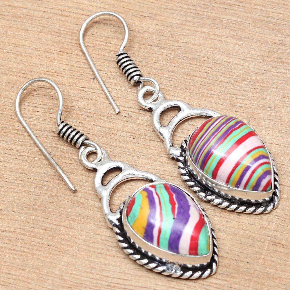 Rainbow Calsilica Gemstone Gift For Her Silver Jewelry Earrings 1.75"