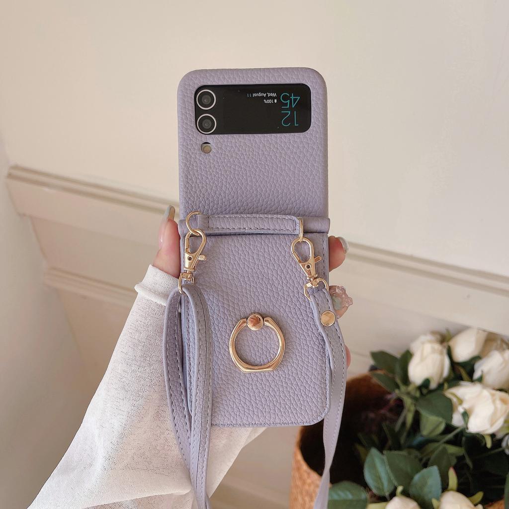 Applicable To Samsung ZFlip4 Folding Messenger Lychee Pattern Zflip3 Ring Mirror Card Bag Long Lanyard Protective Cover