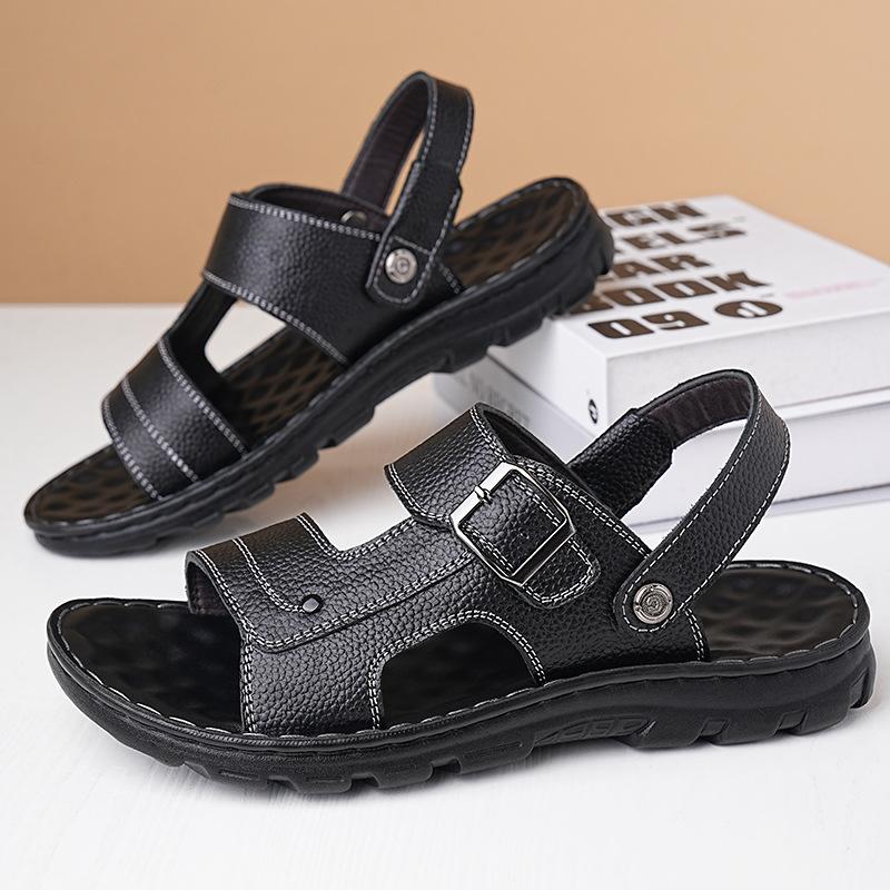 Solid Color Buckle Designer Leather Sandals for Men Summer New Fashion Beach Shoes Male Dual-use Anti-slip Slipper Shoes Man
