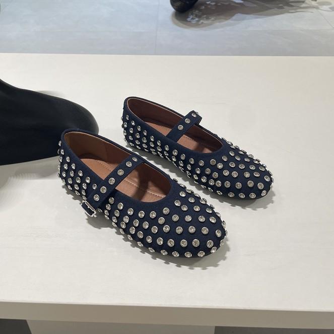 Cowhide Version~ Round Head One-word Buckle Band Ballet Shoes Women's Full Diamond Flats Hollowed Out Mary Jane Single Shoes Fishing Net Shoes