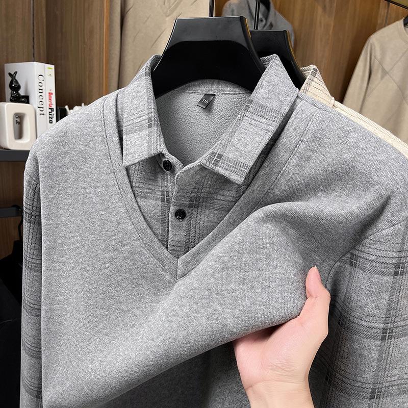 Men's 2025 Winter Plus Velvet Faux Two-Piece Lapel Knitwear for Middle-Aged & Elderly Dads