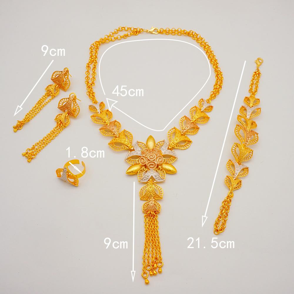 Tassel Gold Plated Large Necklace Set, Gold Earrings Bracelet Ring Necklace Wedding Dinner Ladies Accessories