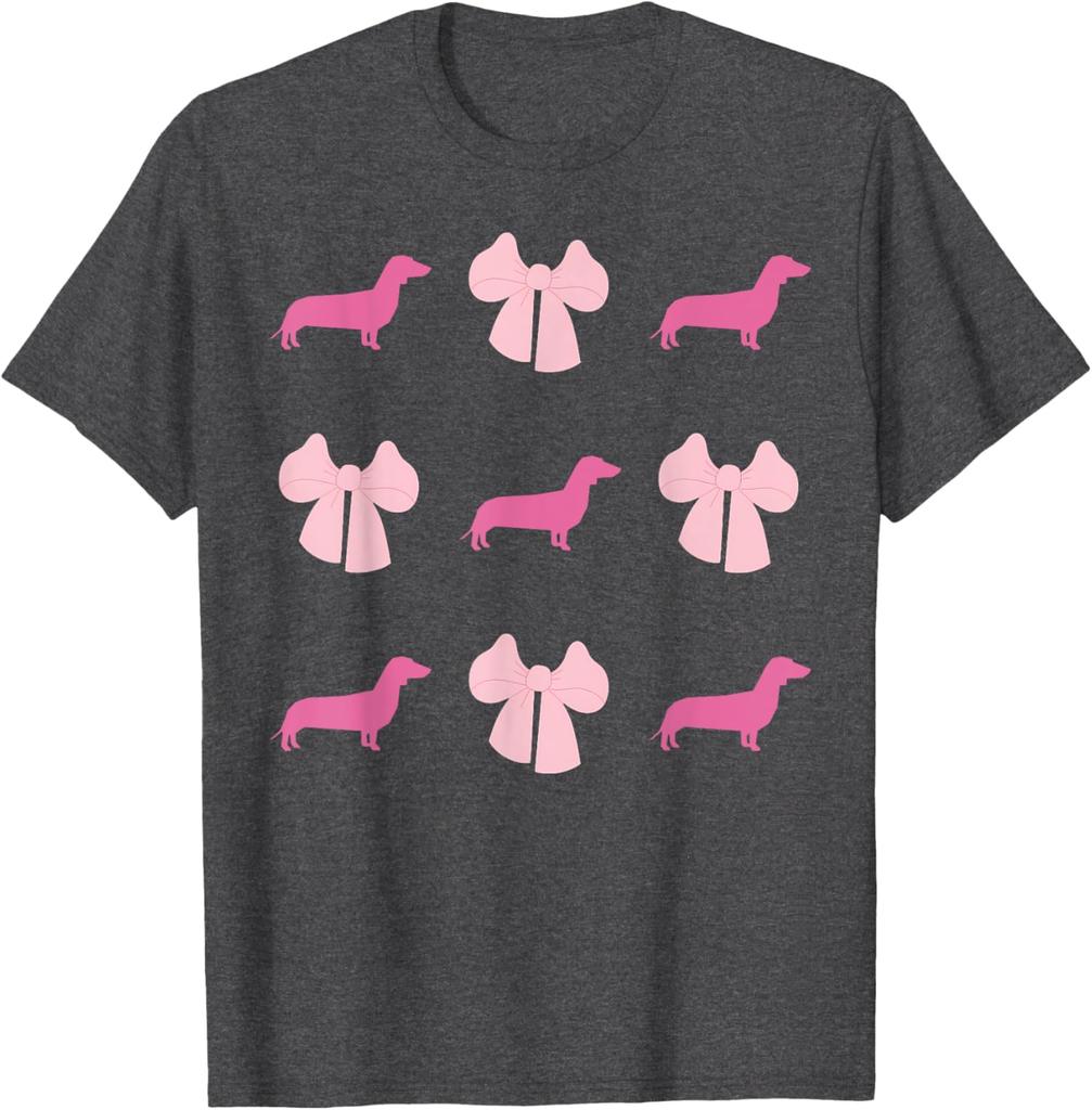 Pink Dachshund Bow Pattern Graphic Tee Cute Wiener Dog Lover Short Sleeve T-Shirt